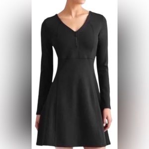 Athleta Black Fit & Flare Stretch Dress with V Neck & Front Zipper Size Small
